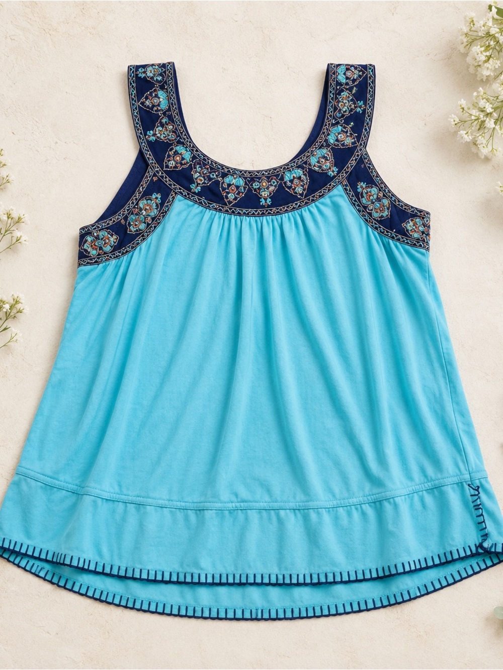 Boho Anthropologie Embroidered and Stitched Scoop Neck Turquoise Tank